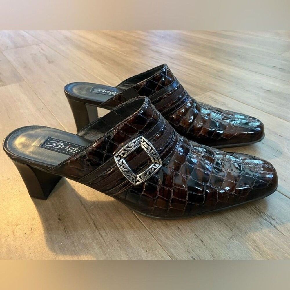 Brighton women Italian textured brown/black leather,  pointed toe slide heels 8